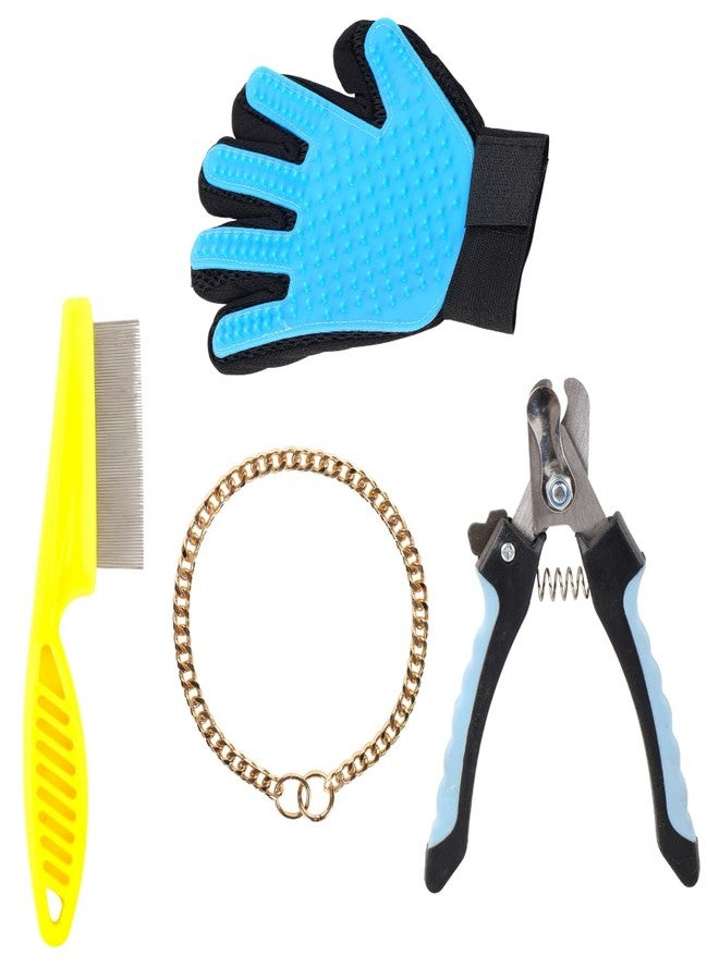 طقم تقليم أظافر الكلاب مع قفاز للتزيين ومشط وطوق سلسلة، طقم من 4 قطع - Image 1